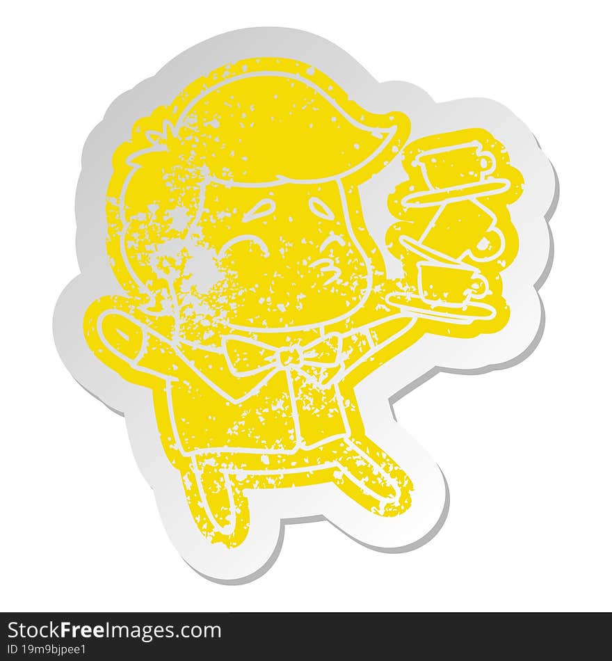 distressed old cartoon sticker of a kawaii cute waiter