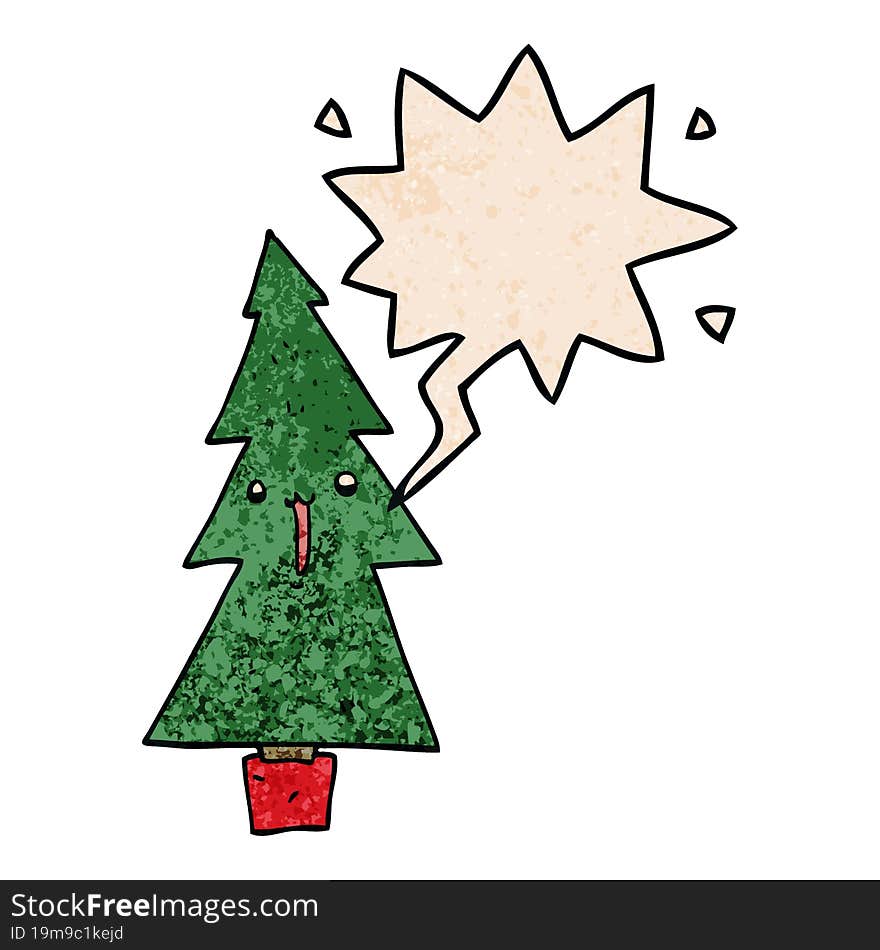 cartoon christmas tree and speech bubble in retro texture style