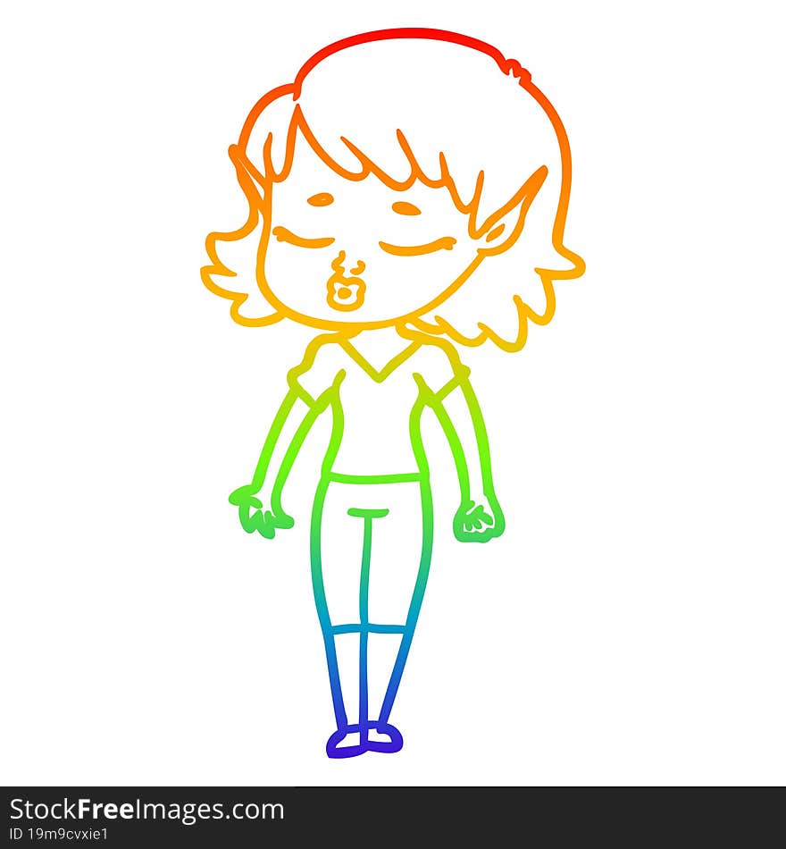 Rainbow Gradient Line Drawing Pretty Cartoon Elf Girl