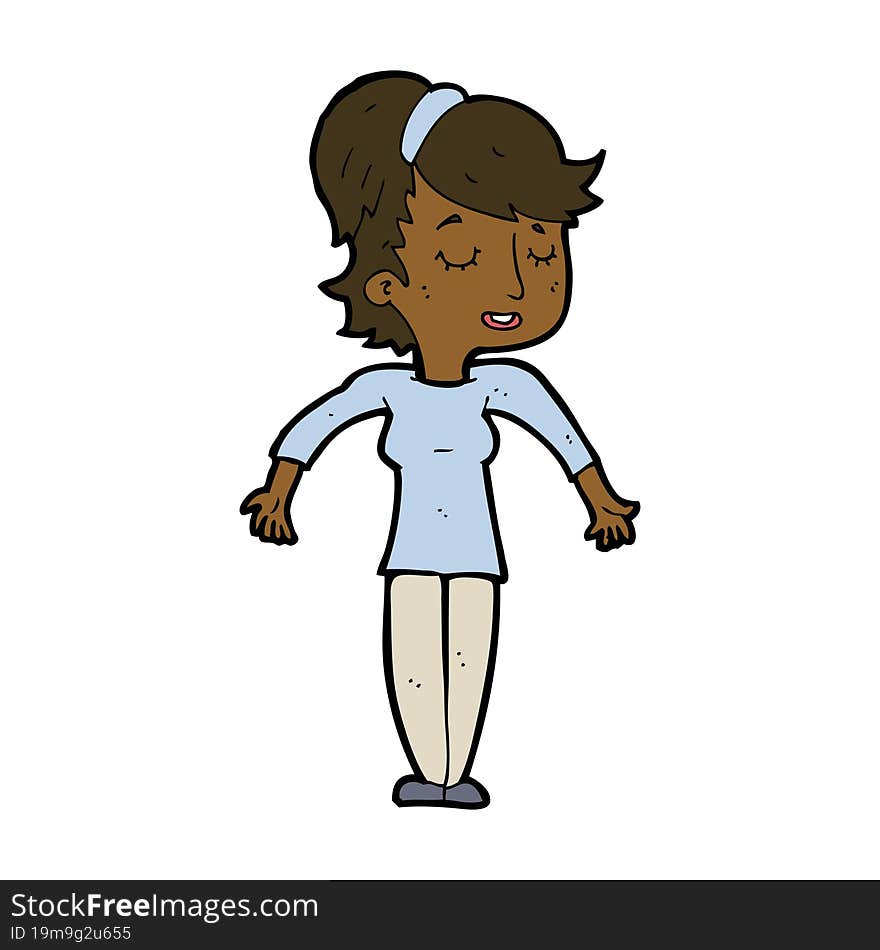 Cartoon Friendly Woman Shrugging Shoulders