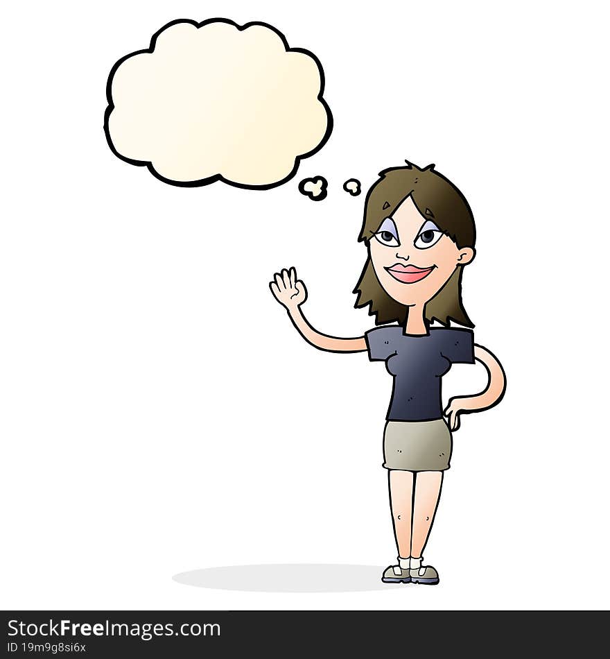 cartoon woman waving with thought bubble