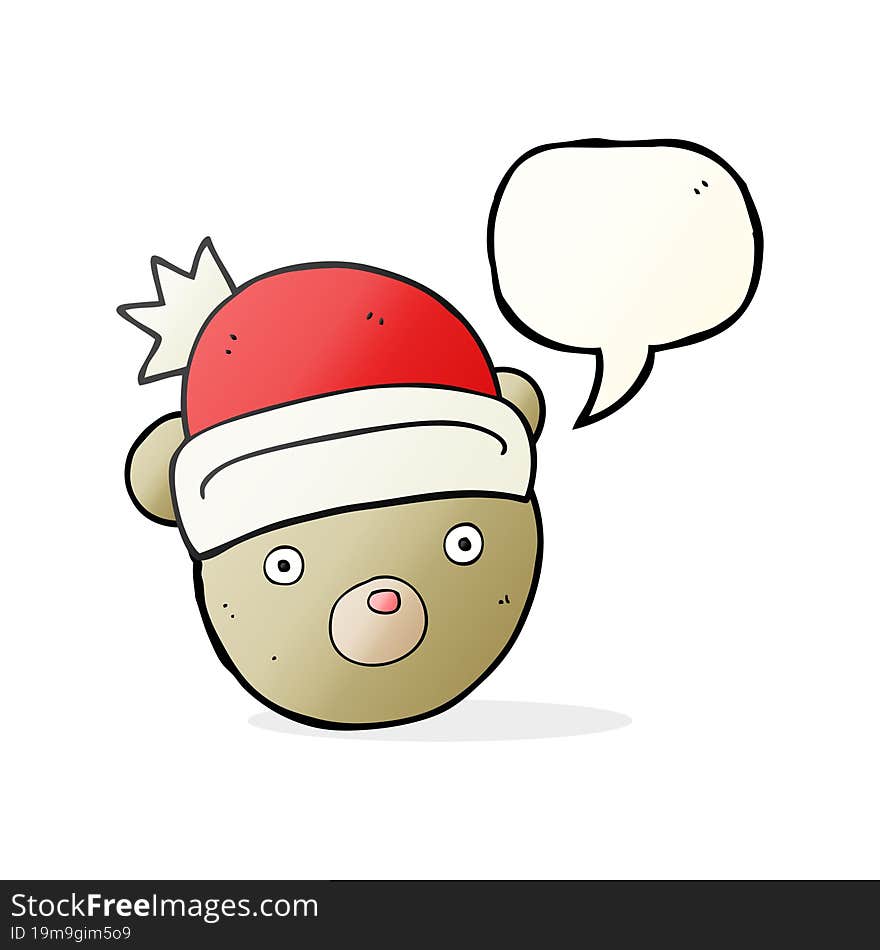 freehand drawn speech bubble cartoon teddy bear wearing christmas hat