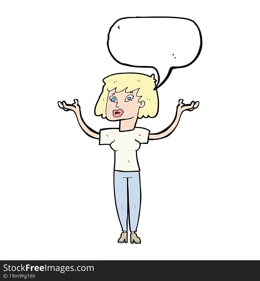 cartoon woman holding up hands with speech bubble