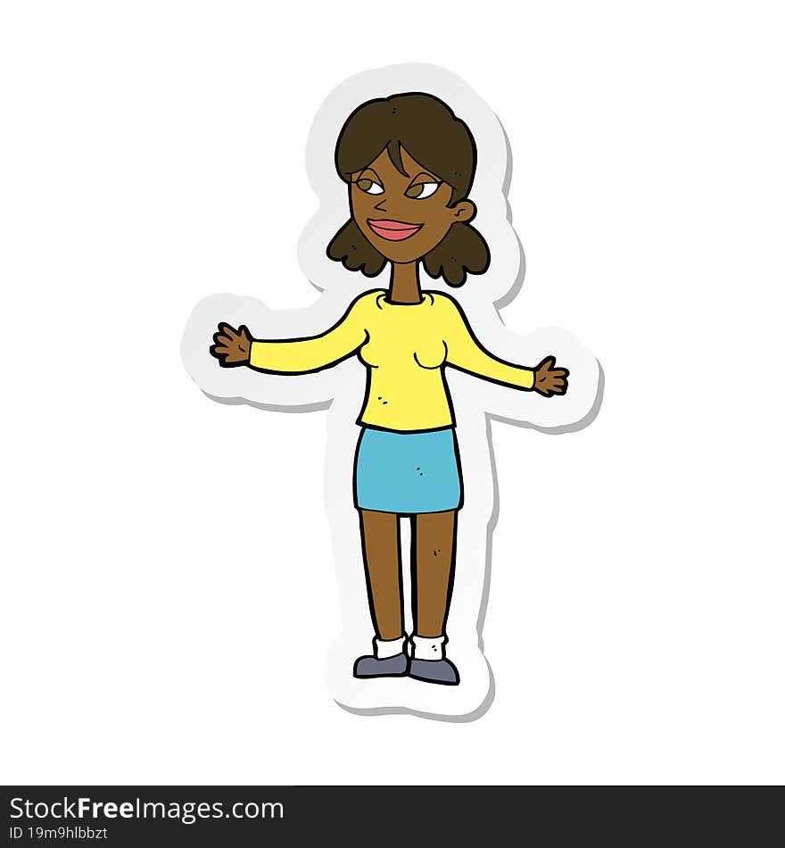 Sticker Of A Cartoon Happy Woman Shrugging Shoulders