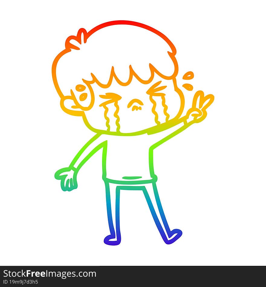 rainbow gradient line drawing of a cartoon boy crying