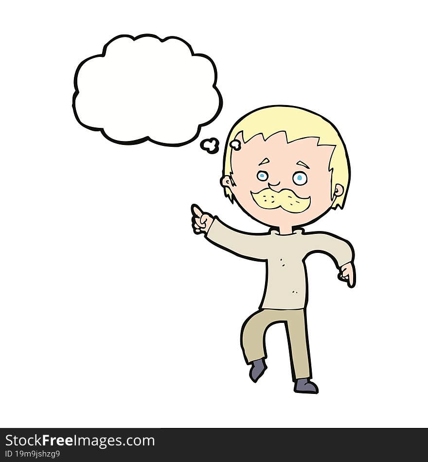 Cartoon Man With Mustache Pointing With Thought Bubble