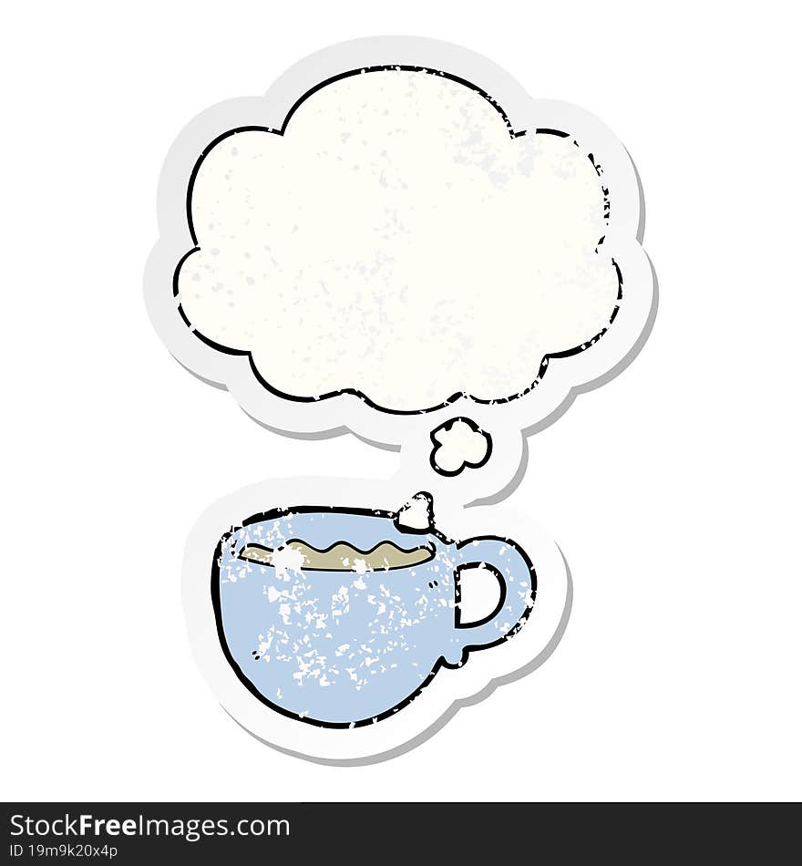 cartoon coffee cup with thought bubble as a distressed worn sticker