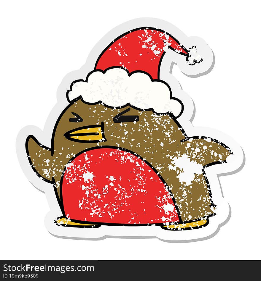 hand drawn christmas distressed sticker cartoon of kawaii robin