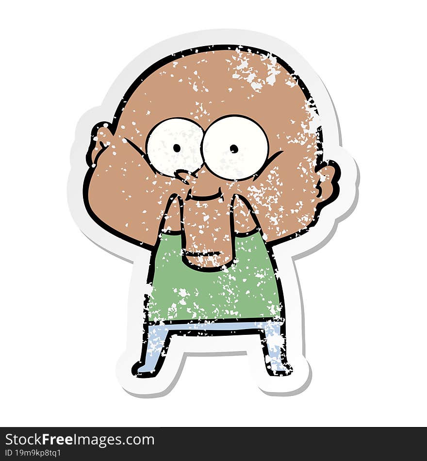 distressed sticker of a cartoon bald man staring