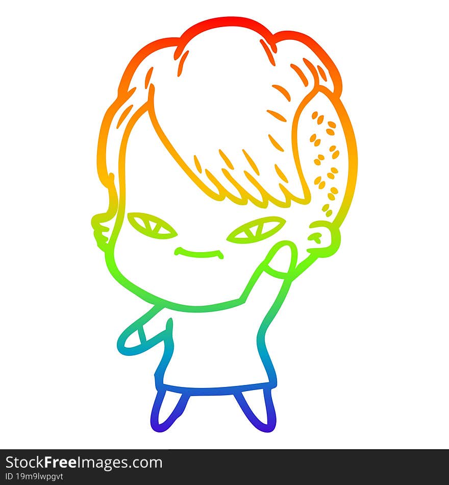 Rainbow Gradient Line Drawing Cute Cartoon Girl With Hipster Haircut