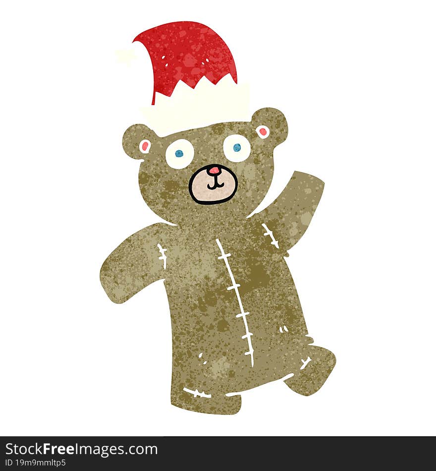 freehand retro cartoon teddy bear wearing christmas hat