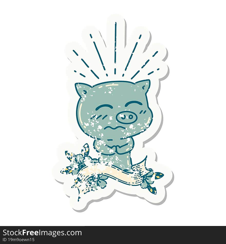 grunge sticker of tattoo style nervous pig character