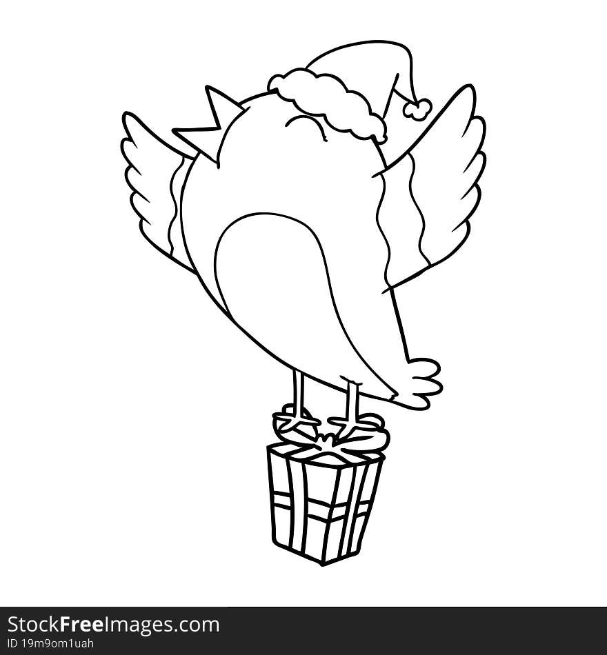 Line Drawing Of A Bird Wearing Santa Hat