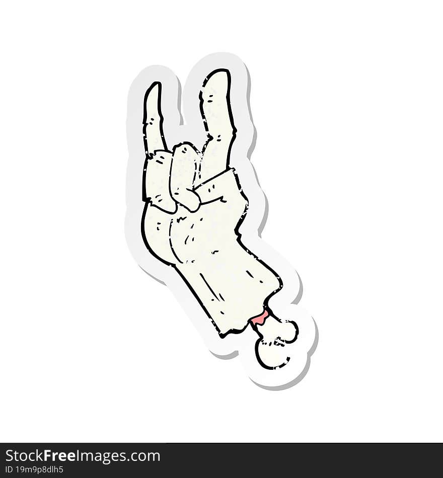 Retro Distressed Sticker Of A Cartoon Zombie Hand Making Rock Symbol