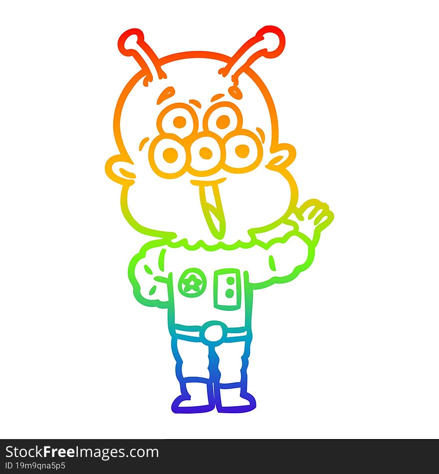 rainbow gradient line drawing happy cartoon alien waving