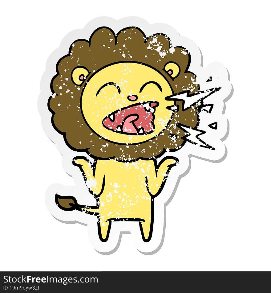 distressed sticker of a cartoon roaring lion