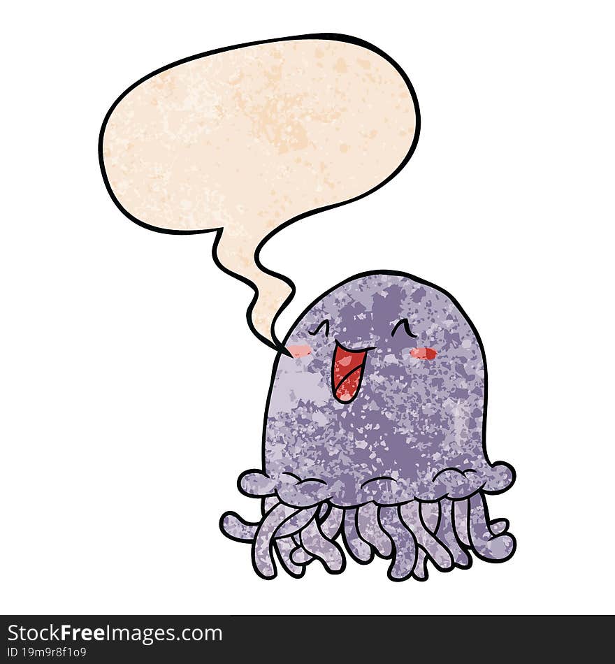 Happy Cartoon Jellyfish And Speech Bubble In Retro Texture Style