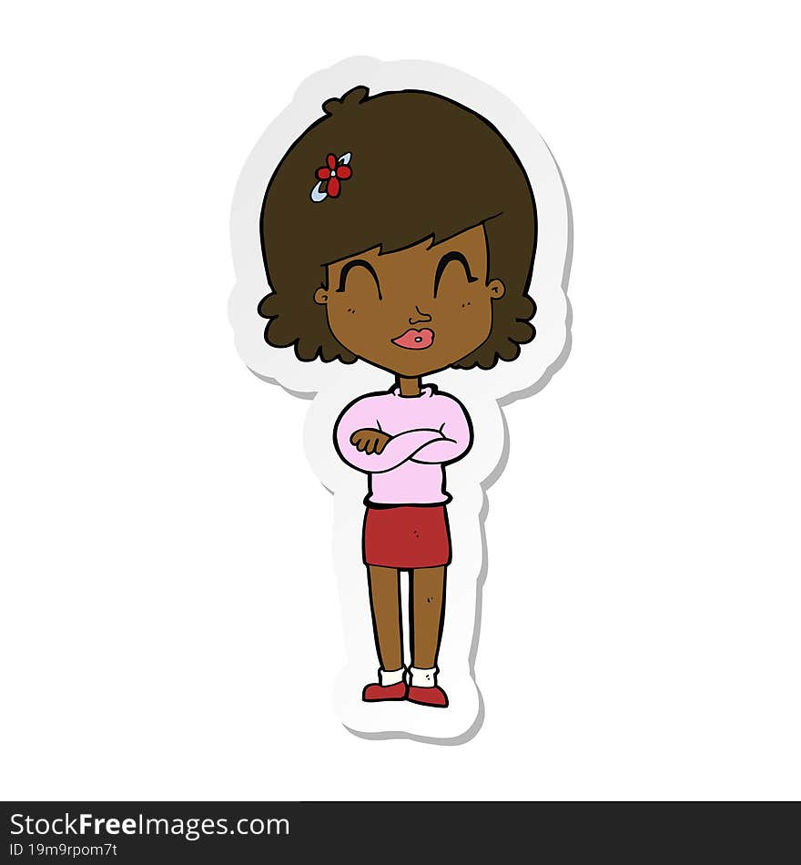 sticker of a cartoon happy woman with folded arms