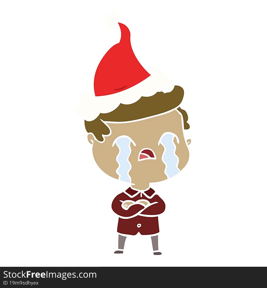 flat color illustration of a man crying wearing santa hat