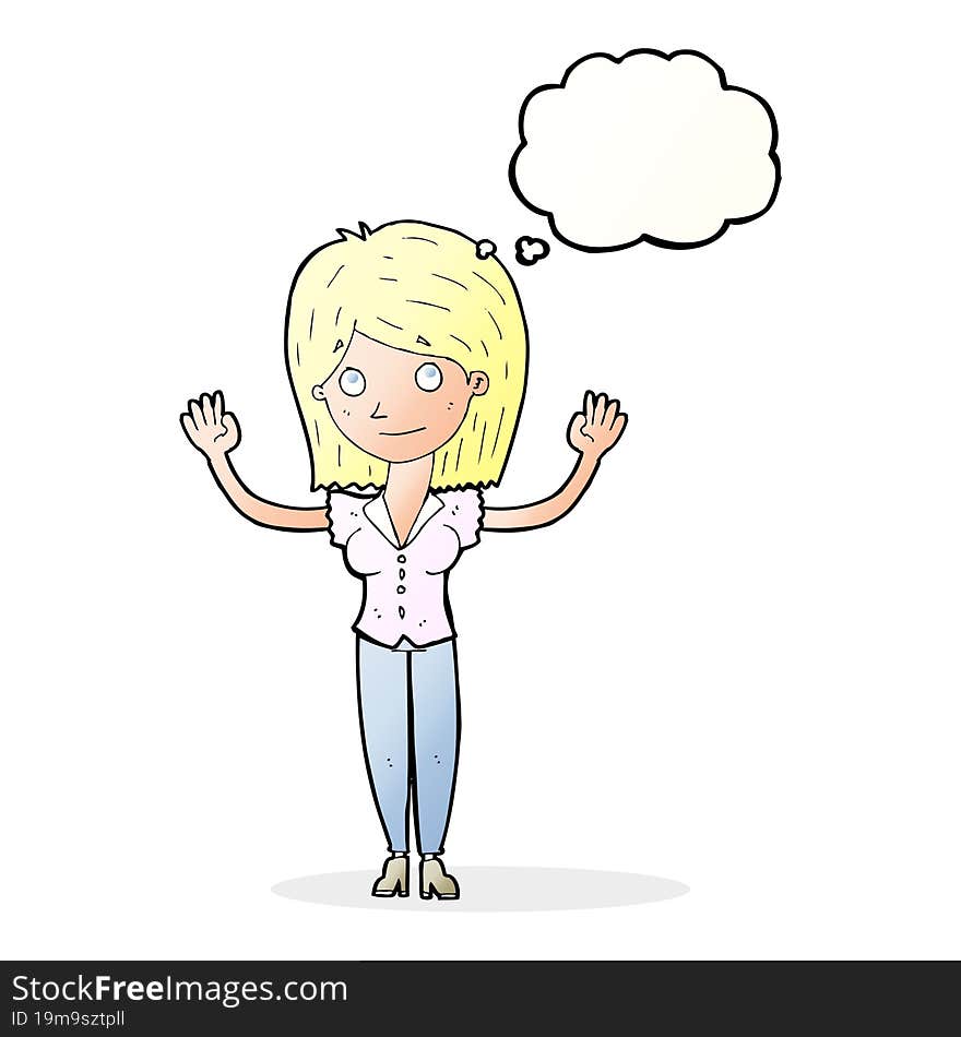 Cartoon Woman Holding Up Hands With Thought Bubble