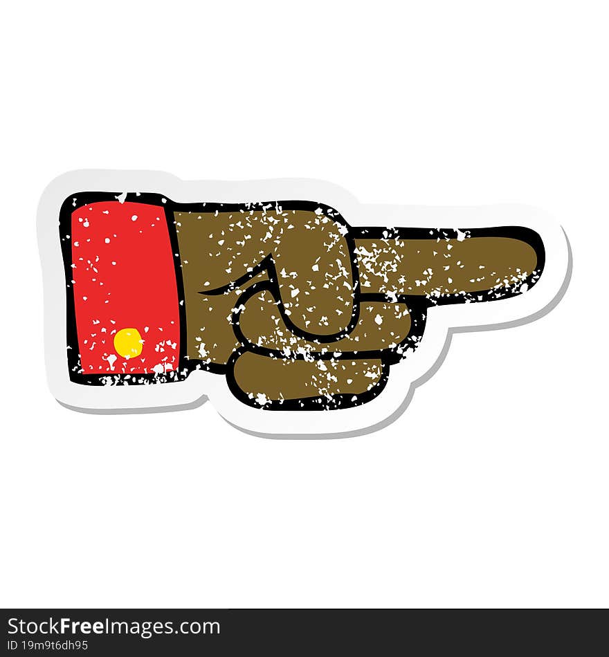 distressed sticker of a cartoon pointing hand