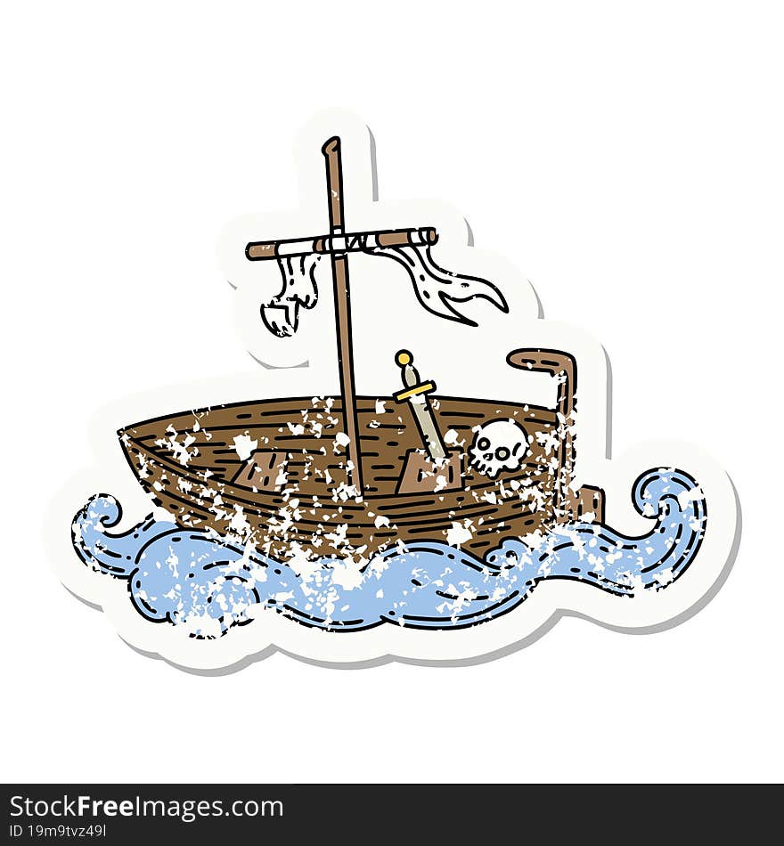 grunge sticker of tattoo style empty boat with skull