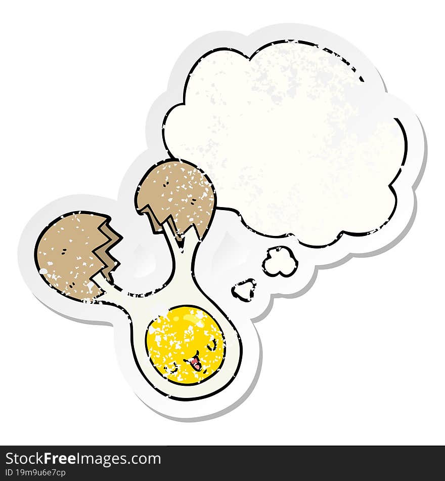 cartoon cracked egg with thought bubble as a distressed worn sticker