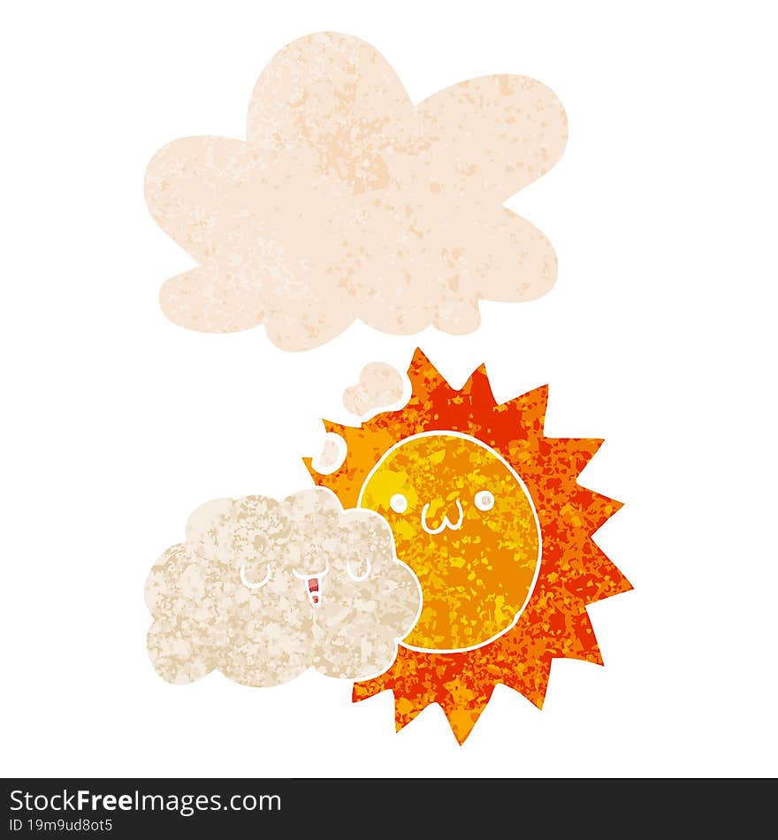 cartoon sun and cloud and thought bubble in retro textured style