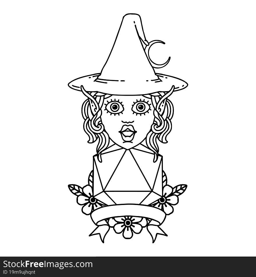 Black and White Tattoo linework Style elf mage character with natural twenty dice roll. Black and White Tattoo linework Style elf mage character with natural twenty dice roll