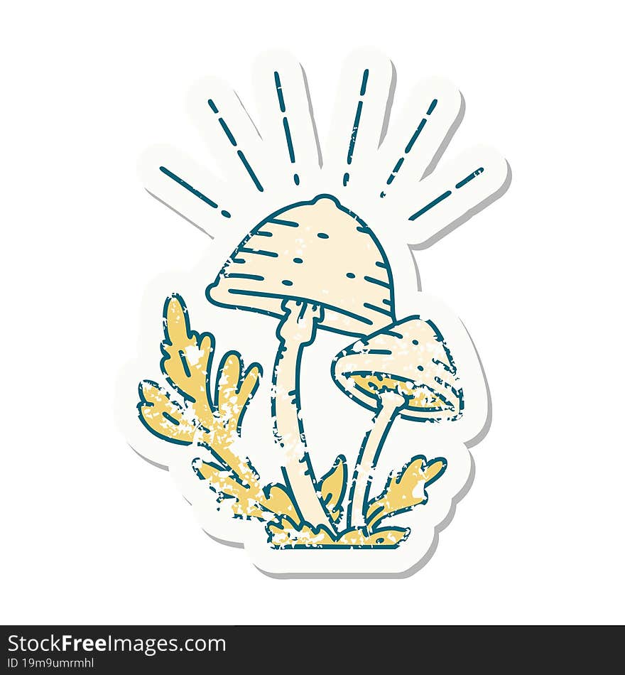 grunge sticker of tattoo style mushrooms