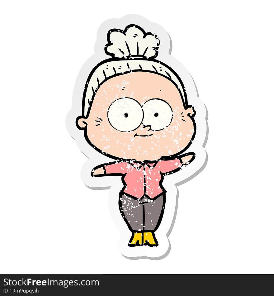 distressed sticker of a cartoon happy old woman