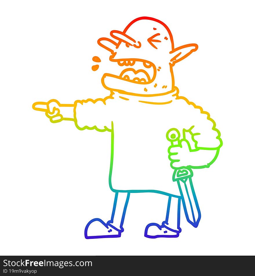 rainbow gradient line drawing cartoon goblin with knife