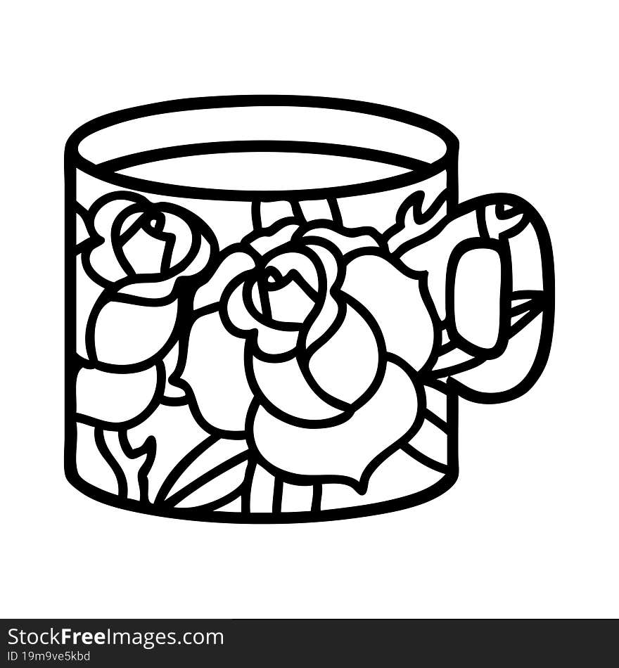 Black Line Tattoo Of A Cup And Flowers