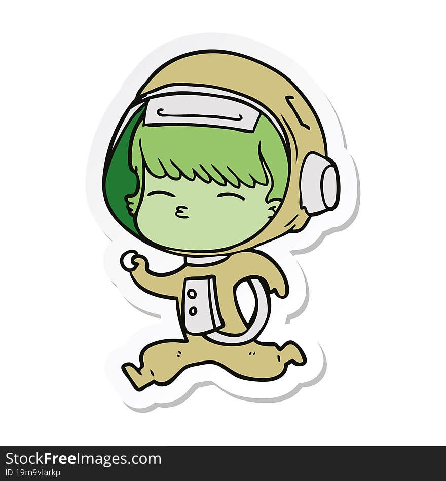 sticker of a cartoon curious running astronaut