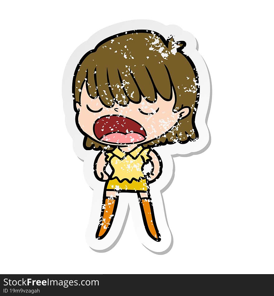 distressed sticker of a cartoon woman talking loudly