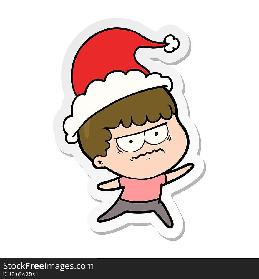 hand drawn sticker cartoon of a annoyed man wearing santa hat