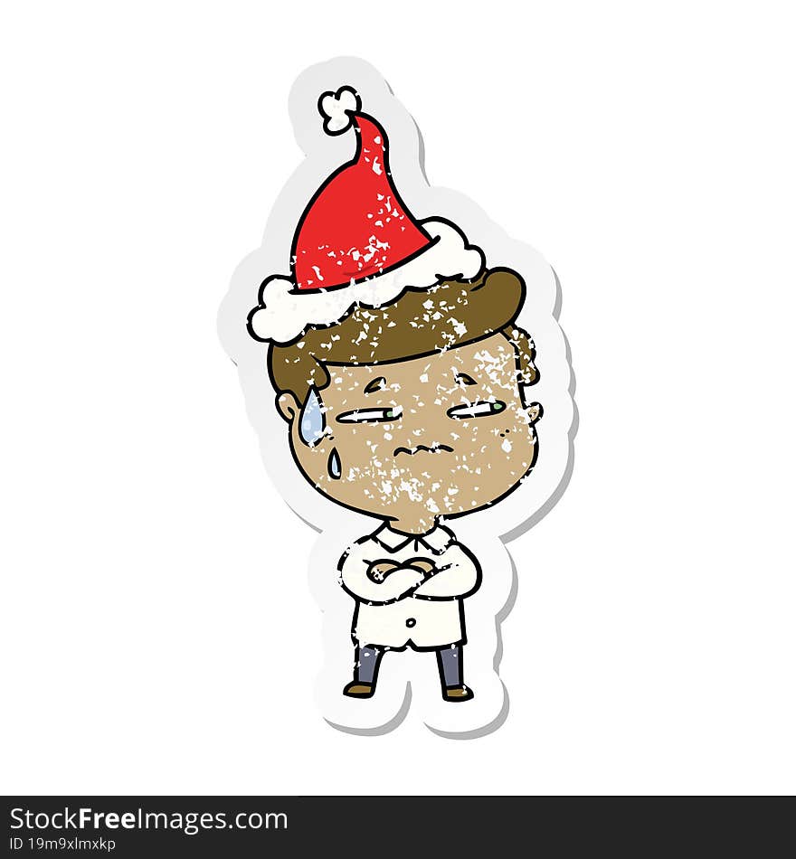 distressed sticker cartoon of a anxious man wearing santa hat