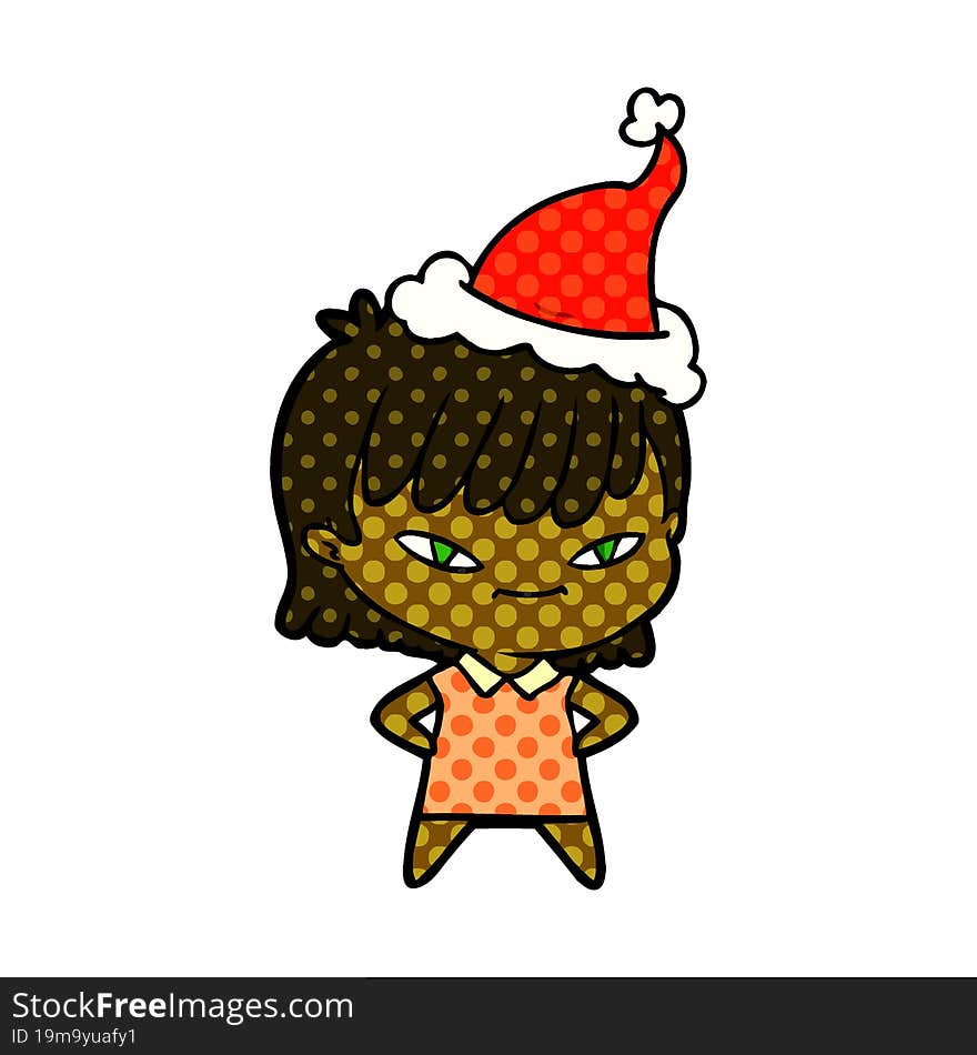 hand drawn comic book style illustration of a woman wearing santa hat