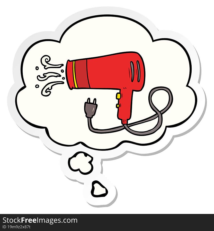 cartoon electric hairdryer with thought bubble as a printed sticker