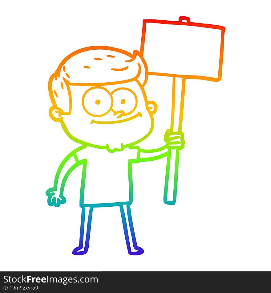 rainbow gradient line drawing cartoon happy man with placard