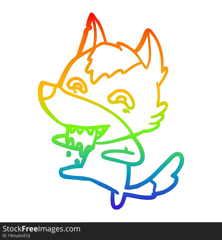 rainbow gradient line drawing of a cartoon hungry wolf