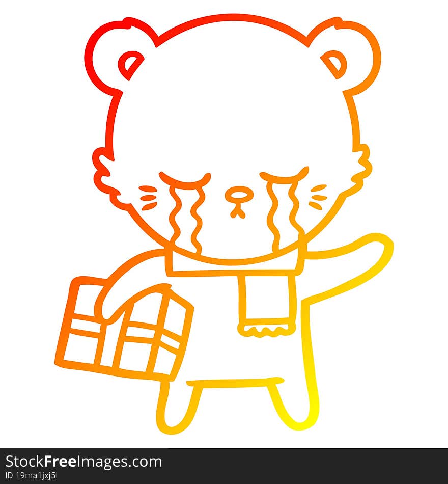 warm gradient line drawing crying cartoon bear with present