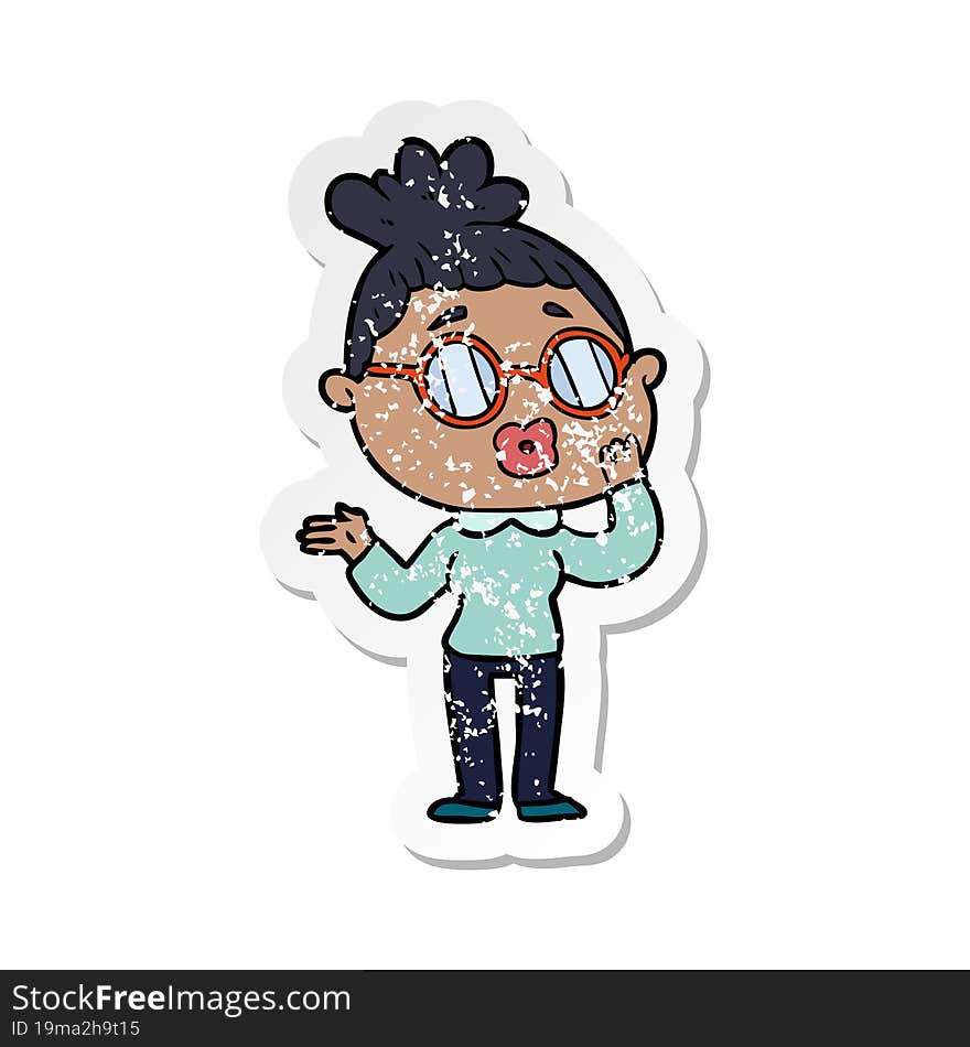 distressed sticker of a cartoon woman wearing spectacles