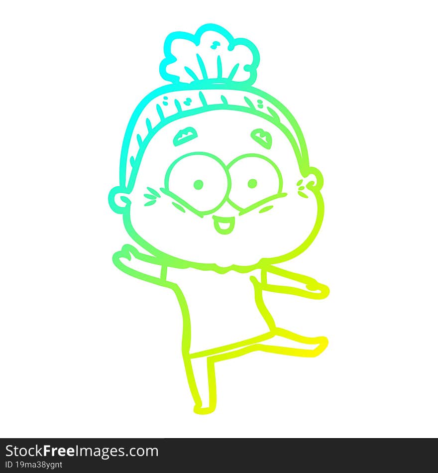 cold gradient line drawing of a cartoon happy old woman