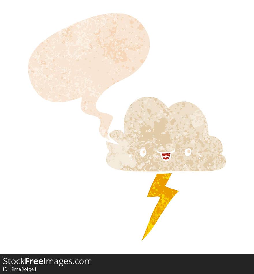 cartoon storm cloud and speech bubble in retro textured style