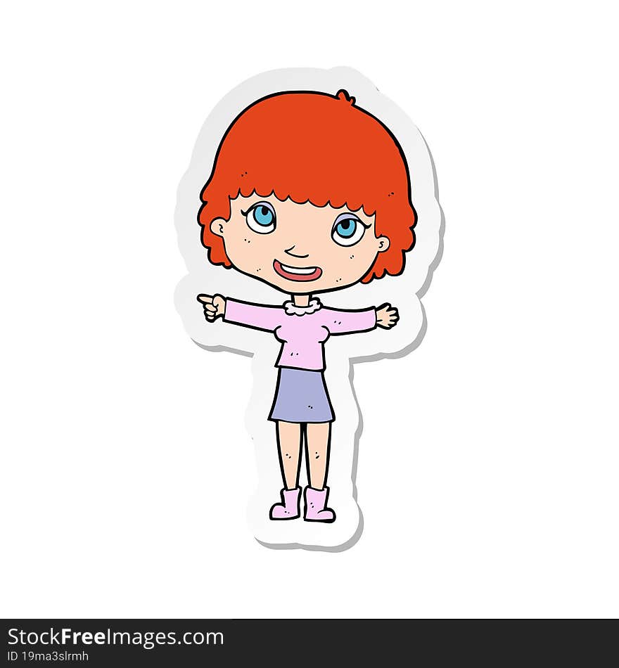 Sticker Of A Cartoon Happy Woman Pointing