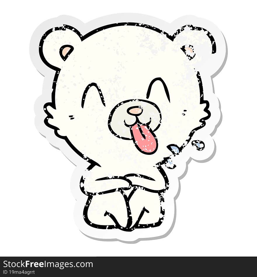 distressed sticker of a rude cartoon polar bear sticking out tongue