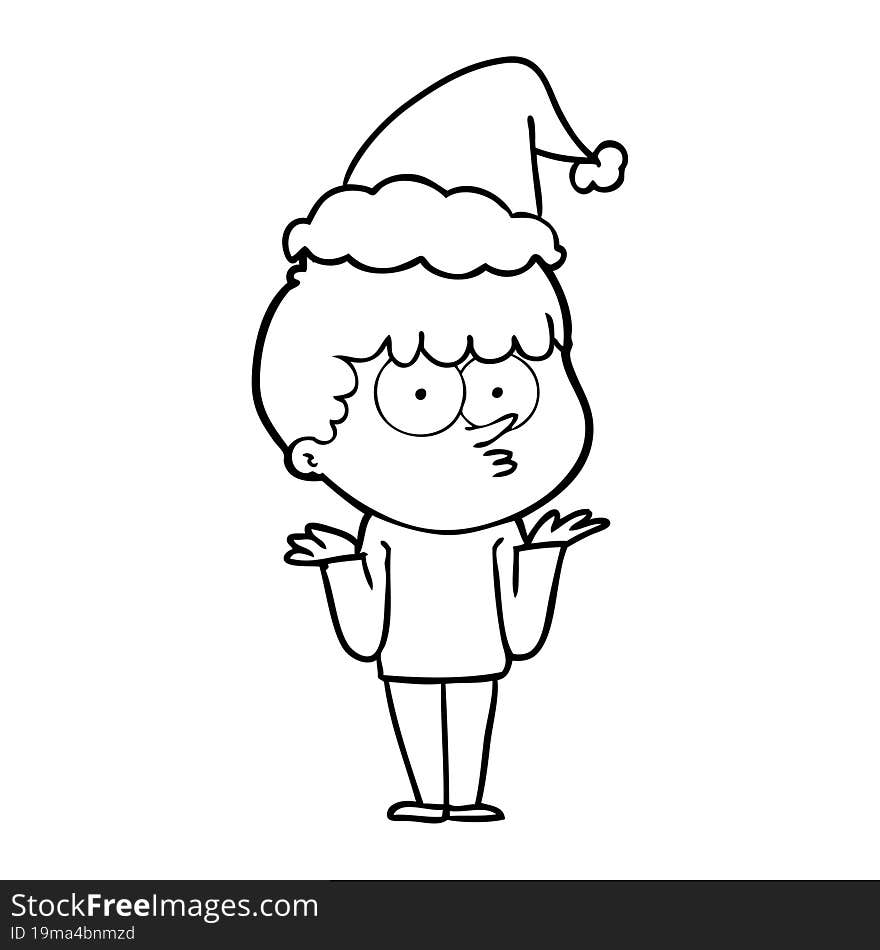 Line Drawing Of A Curious Boy Shrugging Shoulders Wearing Santa Hat