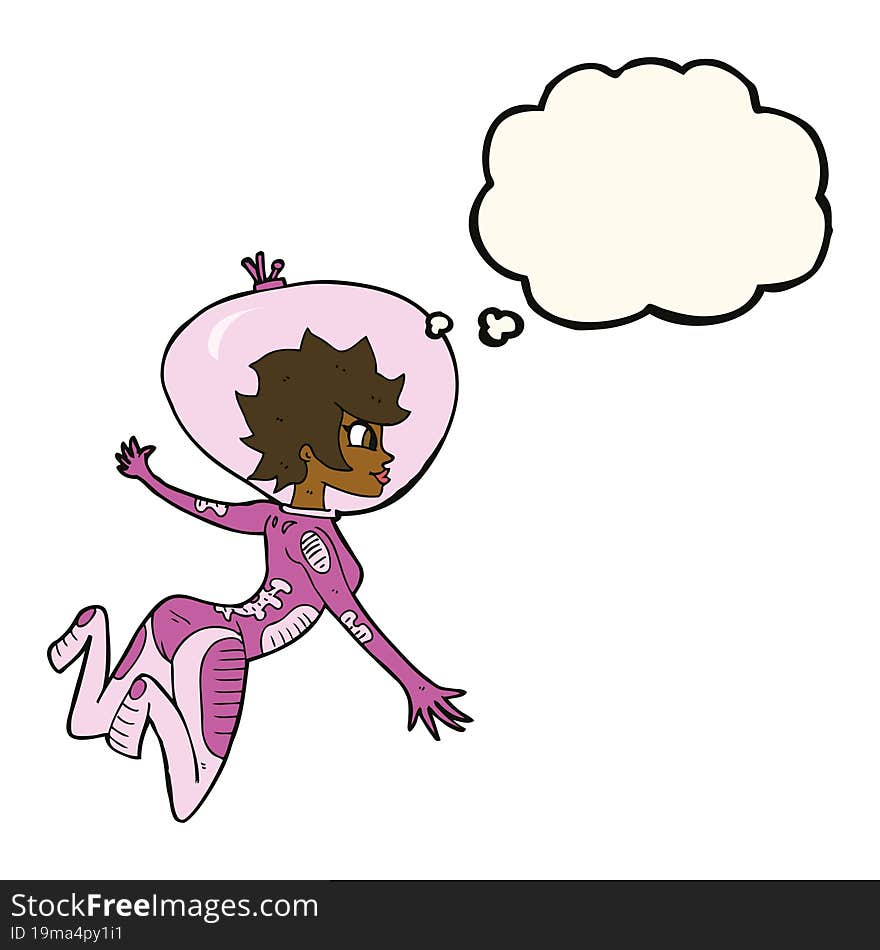 cartoon space woman with thought bubble