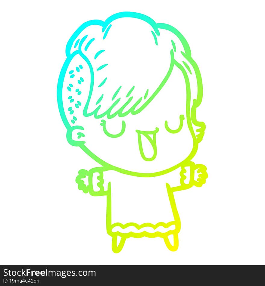 cold gradient line drawing of a cute cartoon girl with hipster haircut